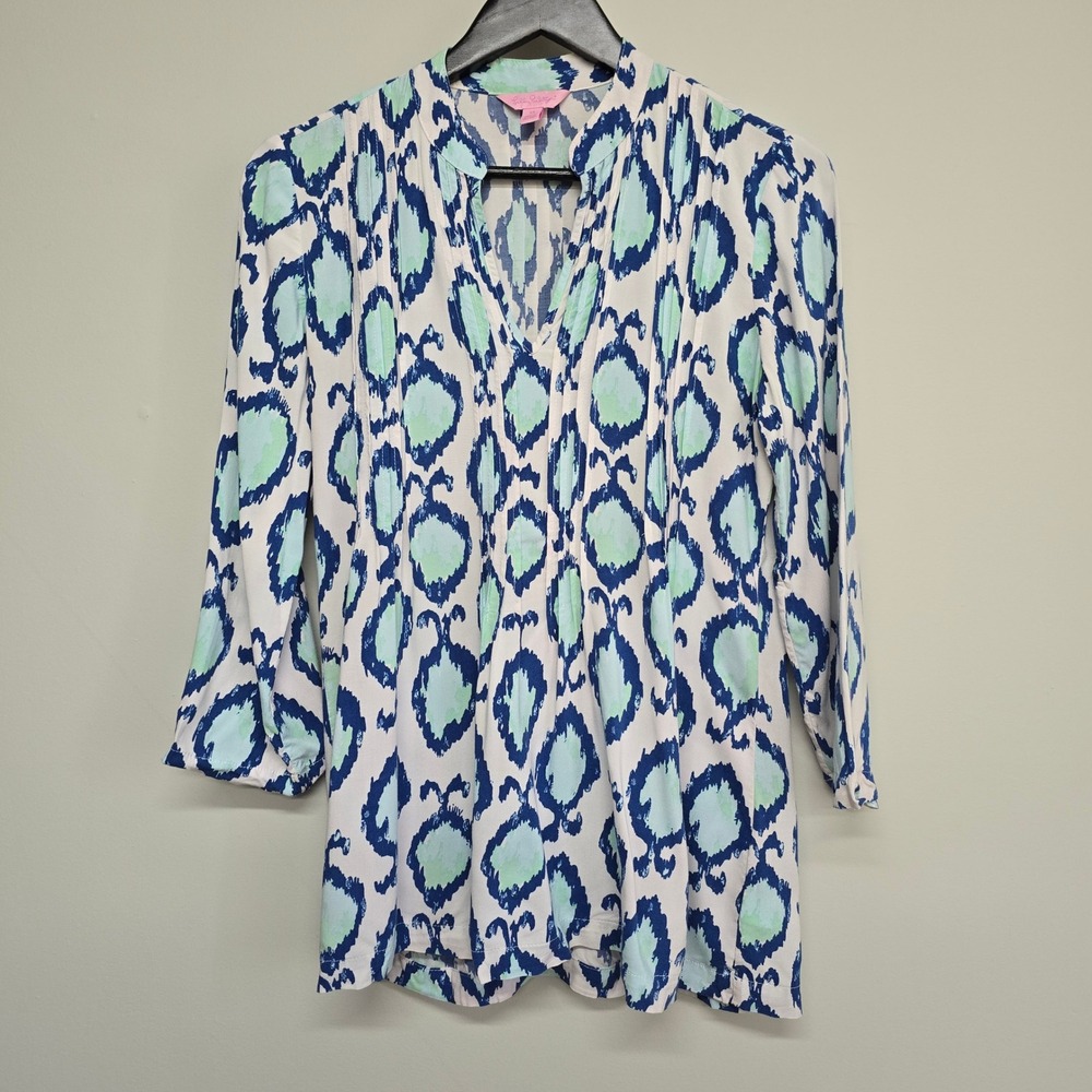 Lilly Pulitzer Sarasota Tunic Top Womens XS Blue Green Ikat Print Blouse Preppy